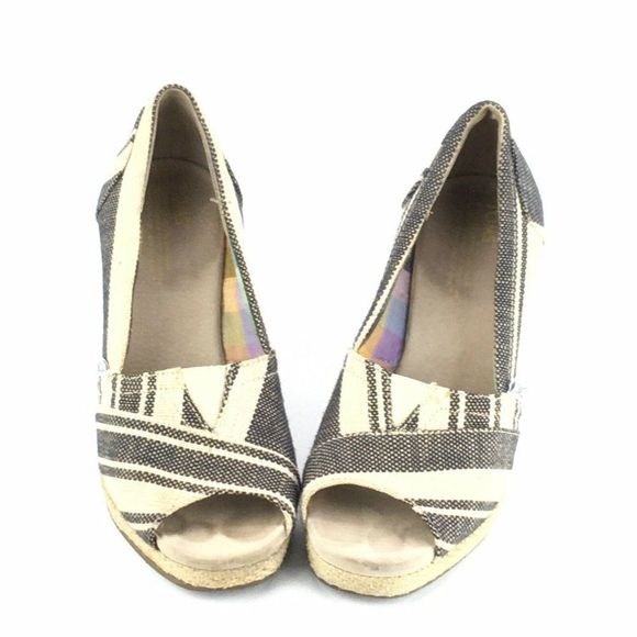 Toms Peep Toe Cork Wedges 6.5W Canvas Geometric Pattern Open Toe - Picture 2 of 11